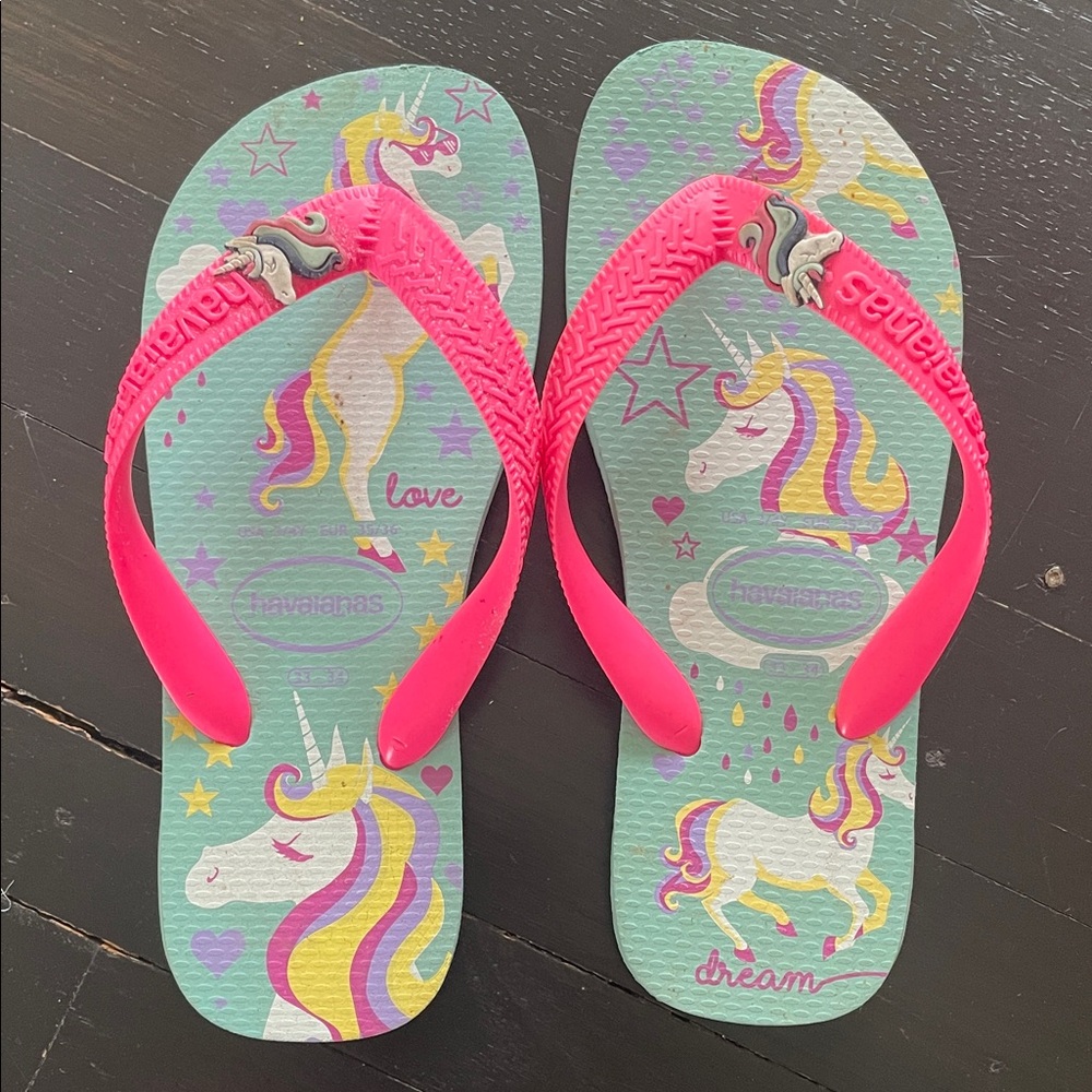 Havaianas Kids Unicorn Flip Flops Size 3/4 - Hot Pink Straps, Aqua Footbed